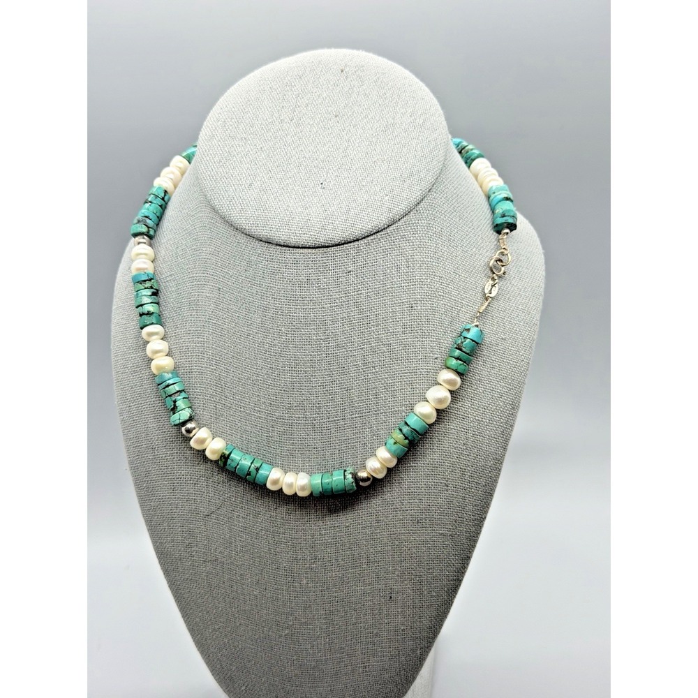 Vintage‎ Israel 925 Sterling Turquoise Pearl Bead Necklace Artisan 18" on Chain